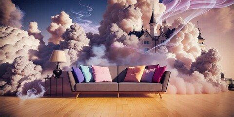 The sofa stands in the room against the background of pink clouds, the concept of dreams
