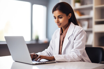 Smiling female doctor giving advice to patient via laptop video call