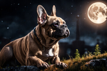 Portrait of a French bulldog looking away, nighttime.