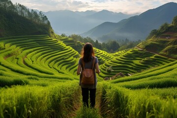rear view of a woman standing in terraced rice field, mu cang chai, yen bai,