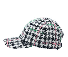 Cap-a baseball cap made of thick woolen fabric, with a visor, multi colored, isolated on a white background. Side view.  - 659573703