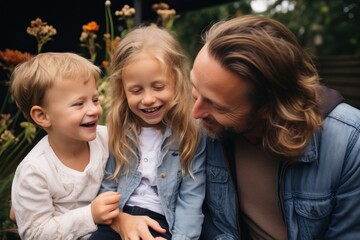 Fototapeta premium smiling family looking at toddlers rubbing nose in backyard