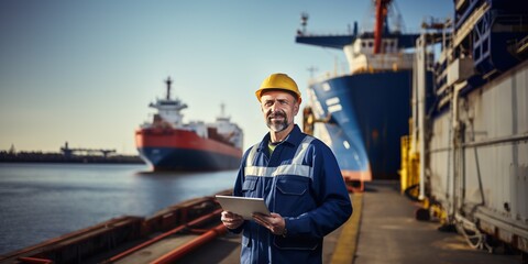 Shipyard worker using a tablet, captured in a portrait on background of ship and ocean, concept of Oceanic technology - obrazy, fototapety, plakaty