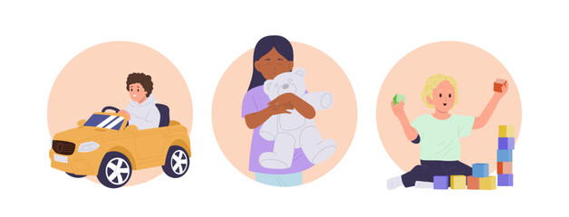 Round icon cartoon composition with happy children preschool character playing different toys