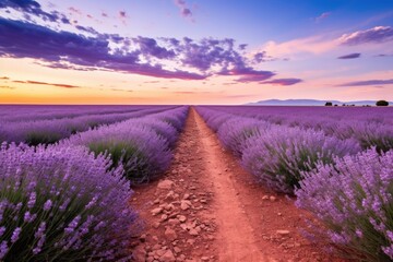 a trail leading through an endless field of lavender