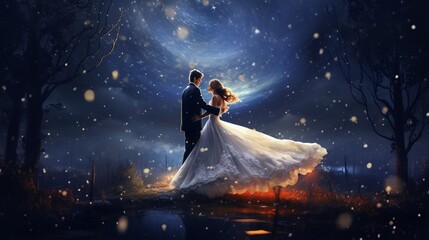 A bride and groom dancing under a starry night sky
