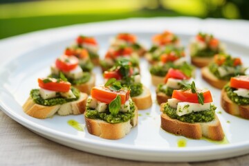 triangular bruschetta pieces with fresh, green pesto on white tablecloth