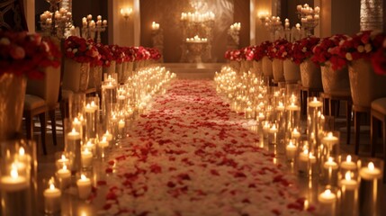 a breathtaking aisle lined with flickering candles and rose petals for a romantic atmosphere at the wedding ceremony