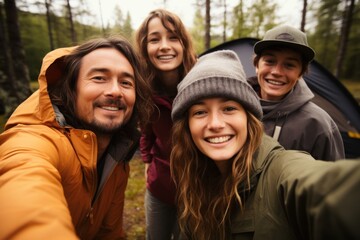 woman taking selfie of family camping in forest