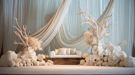 a beach-inspired wedding stage with billowing white fabric, seashell accents, and driftwood decor