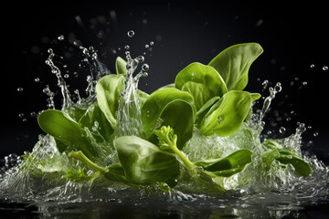Fresh spinach with water splash