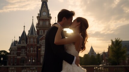 A bride and groom sharing a kiss in front of a historic landmark