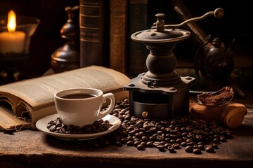A steaming cup of freshly brewed coffee sitting on a rustic wooden table, surrounded by a vintage...