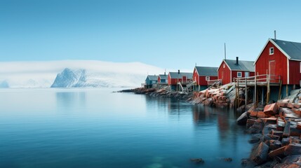 blue water of sea with red cabins on shore