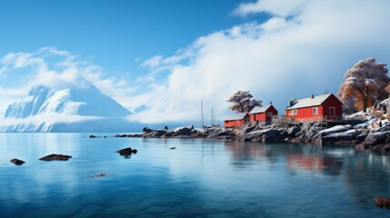 blue water of sea with red cabins on shore