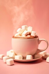 Fototapeta na wymiar Cup of cocoa with marshmallows on light pink background. Hot chocolate in a large mug.