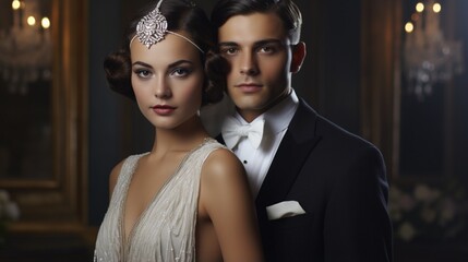a bridal couple's attire with a vintage, 1920s-inspired look for a glamorous wedding event