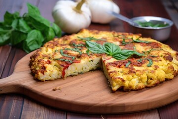 a whole pizza with cauliflower crust on a wooden table