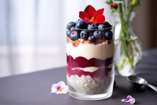parfait layered in a transparent tulip glass with blueberry and chia seeds
