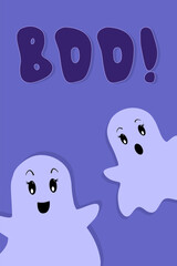 Boo Text and Cute Halloween Ghosts on Blue Background. Vector Poster with Lettering. Greeting Card. Flat Cartoon style