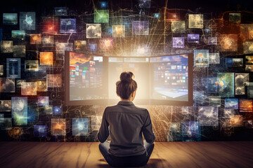 Woman surrounded by big data from streaming services and social media, screens, photos, videos - obrazy, fototapety, plakaty