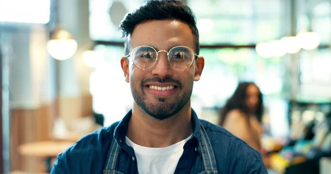 Happiness, face and coffee shop man, cafe waiter or barista with career smile, bakery job experience or hospitality pride. Cafeteria boss portrait, entrepreneur or small business owner happy in diner