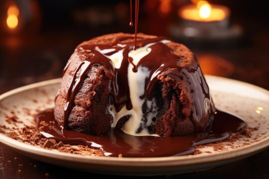 a chocolate lava cake with molten chocolate flowing out