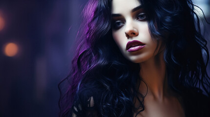 Obraz premium Young woman with bright dark makeup purple luxurious long hair. Beautiful well-groomed hair, plump lips in gothic style