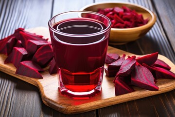 a cold pressed beet juice amidst fresh beetroot slices - obrazy, fototapety, plakaty