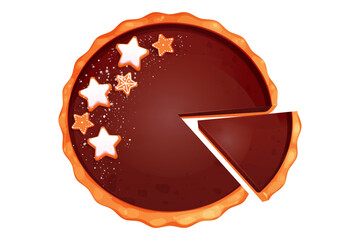 Chocolate cake, pie with cranberries, star shape gingerbread traditional holiday dessert cut slice top view in cartoon style isolated on white background