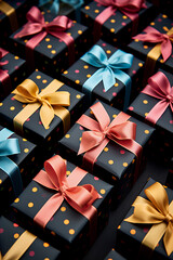 A bunch of gifts of the same size in black boxes with multi-colored bows. Concept for surprise, holiday, new year, christmas, birthday, black friday.