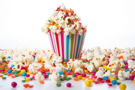 popcorn with rainbow sprinkles showered on white background