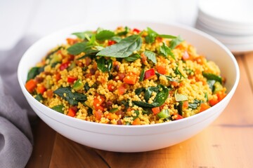 spicy couscous salad in a white bowl with paprika dust