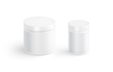Blank white vitamin jar mockup set, side view