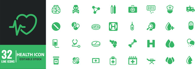 Healthcare Icon set Editable Stroke. Medicine, hearth, liver, health, aid, vector illustration.