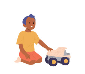 Isolated little happily smiling boy kid cartoon preschooler character playing toy car dump truck