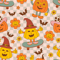 seamless pattern with groovy pumpkin and  pumpkin on a skateboard - 659577504