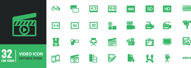 Video Line Icon Set. Cinema, movie, video icons, collection film vector