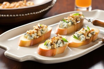 bruschetta topped with apple and gorgonzola on a ceramic dish with silver serving tongs