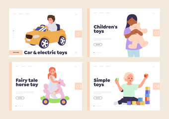 Isolated set of landing page design template offering toys and games for preschool children