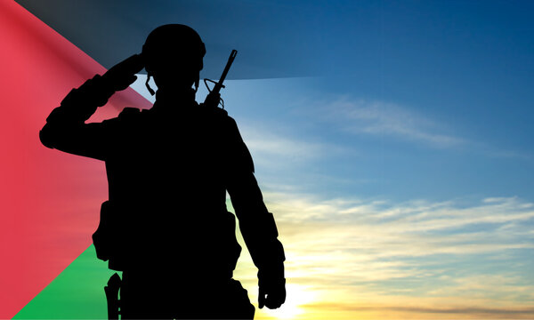 Silhouette of soldier with Palestine flag on background of sky. EPS10 vector