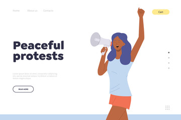 Peaceful protest landing page template with happy young woman character singing in megaphone design