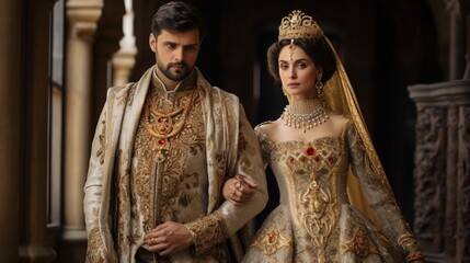 a bridal couple wearing regal, royal-inspired attire for a grand castle wedding