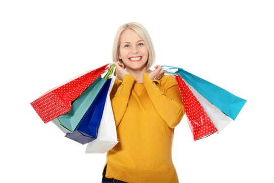 Trendy beautiful happy blond woman carrying colorful totebags shopping isolated on white banner background - Powered by Adobe