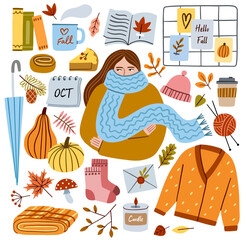 Autumn vector illustration clipart set. Fall hand drawn doodle collection