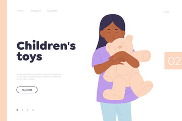Online shopping service offering children toys landing page design template with cute kid character