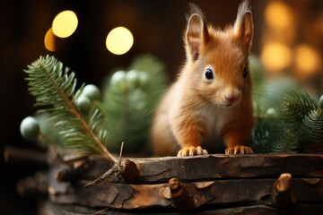 Cute red squirrel against the background of spruce branches. Christmas card, banner