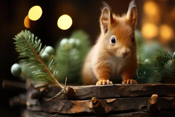 Foto op Plexiglas Cute red squirrel against the background of spruce branches. Christmas card, banner © Alesia