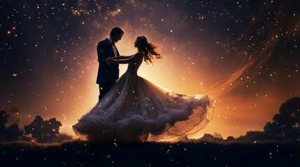 A bride and groom dancing under a starry night sky