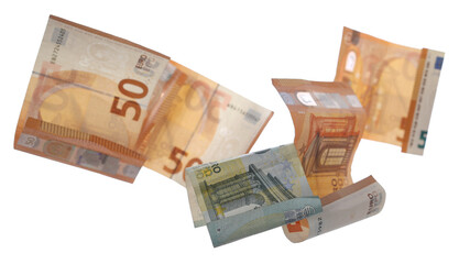 Fifty euro banknotes flying isolated on white, clipping